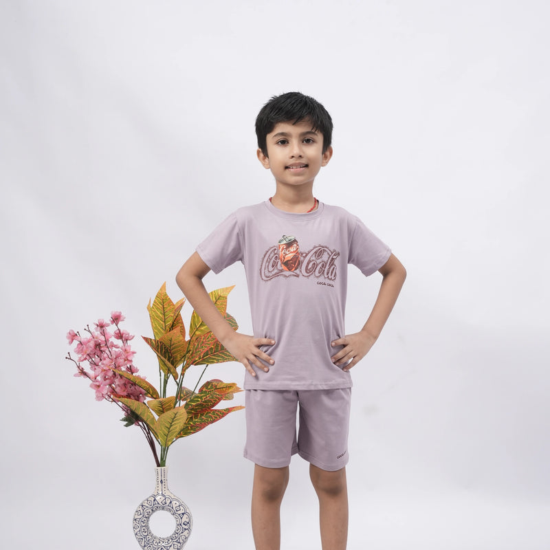 Coca-Cola Boys’ Coord Set – Graphic T-Shirt & Shorts (Black, Off White, Purple, Brown, Pink)
