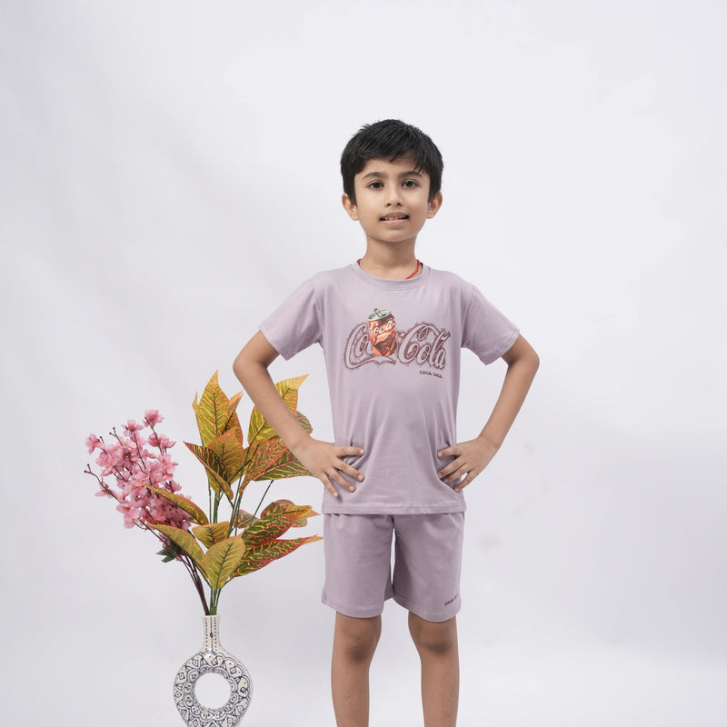 Coca-Cola Boys’ Coord Set – Graphic T-Shirt & Shorts (Black, Off White, Purple, Brown, Pink)