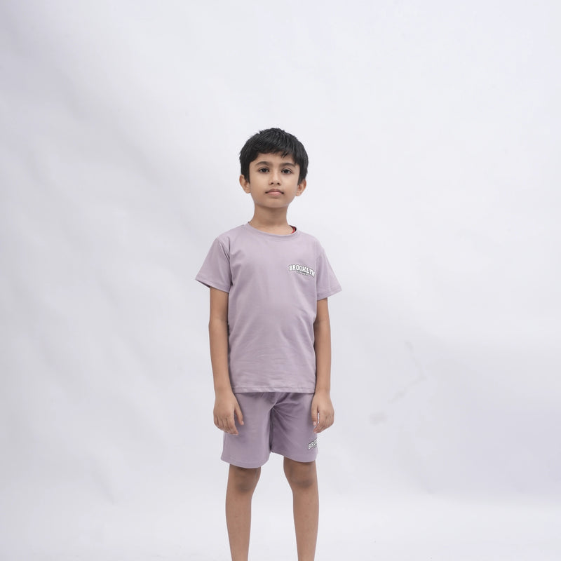 Brooklyn Boys’ Coord Set – Casual T-Shirt & Shorts (Black, Off White, Purple, Brown, Pink)