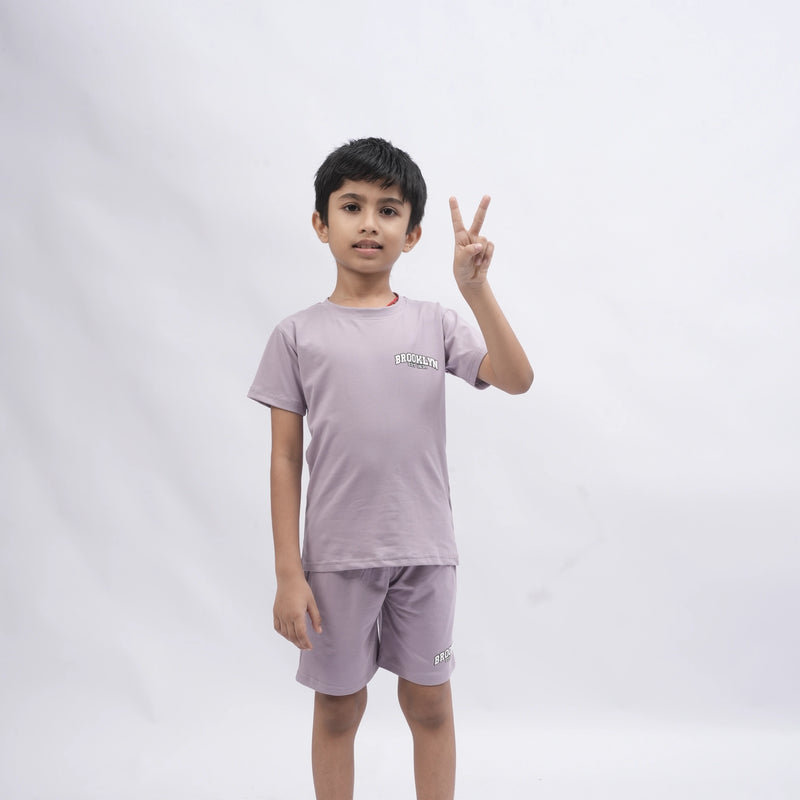 Brooklyn Boys’ Coord Set – Casual T-Shirt & Shorts (Black, Off White, Purple, Brown, Pink)