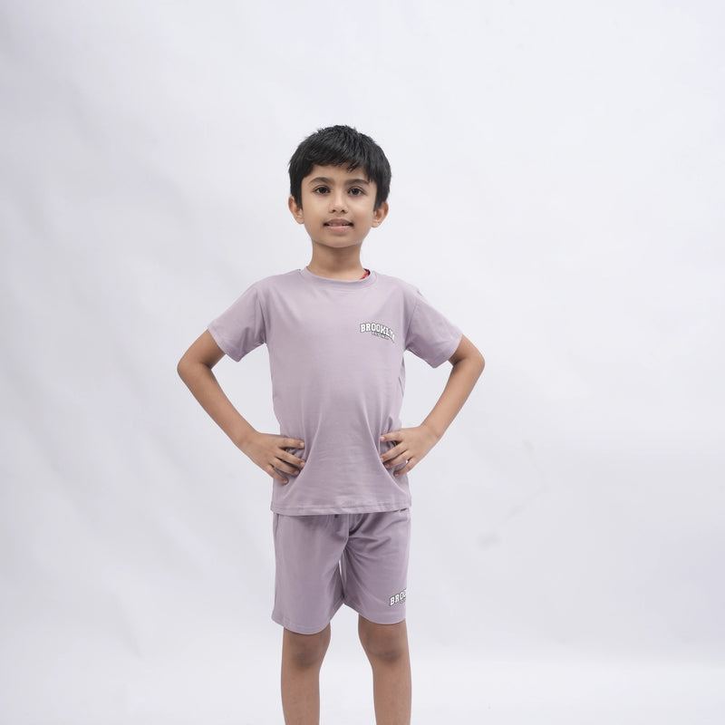 Brooklyn Boys’ Coord Set – Casual T-Shirt & Shorts (Black, Off White, Purple, Brown, Pink)
