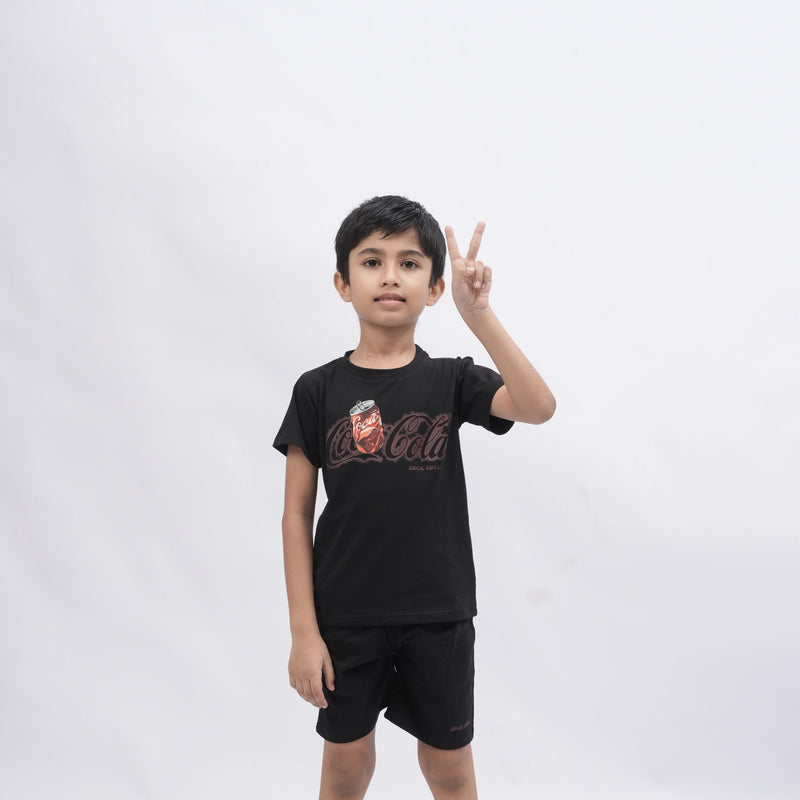 Coca-Cola Boys’ Coord Set – Graphic T-Shirt & Shorts (Black, Off White, Purple, Brown, Pink)