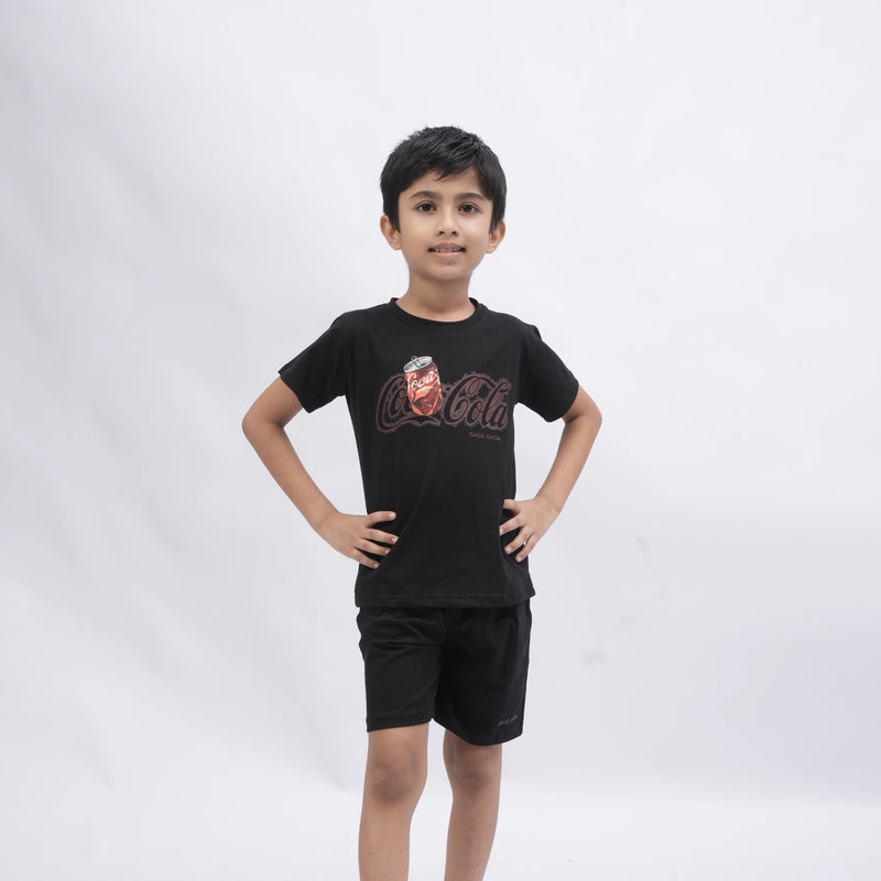 Coca-Cola Boys’ Coord Set – Graphic T-Shirt & Shorts (Black, Off White, Purple, Brown, Pink)