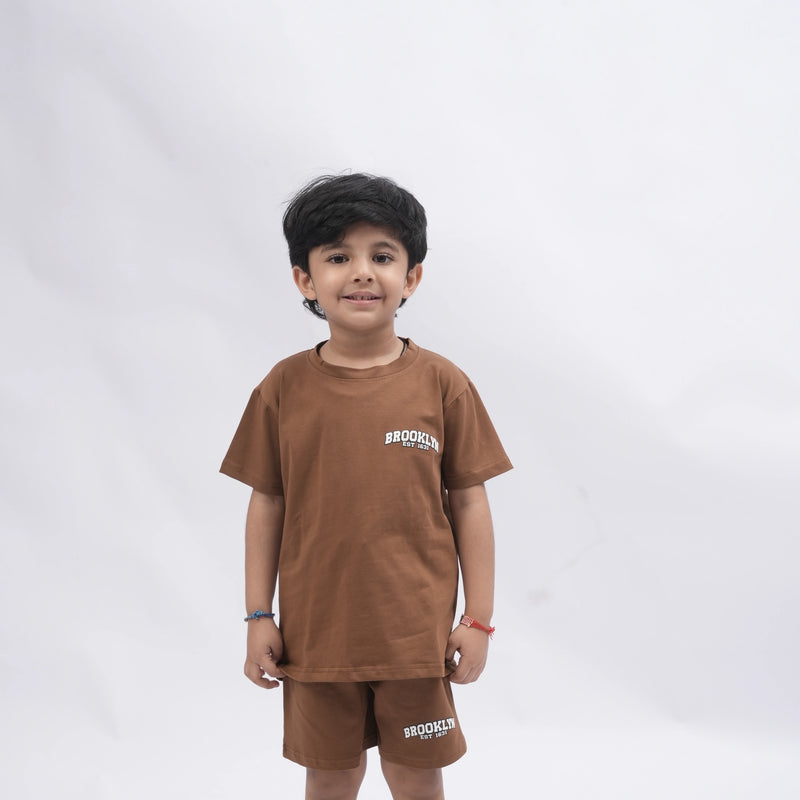 Brooklyn Boys’ Coord Set – Casual T-Shirt & Shorts (Black, Off White, Purple, Brown, Pink)