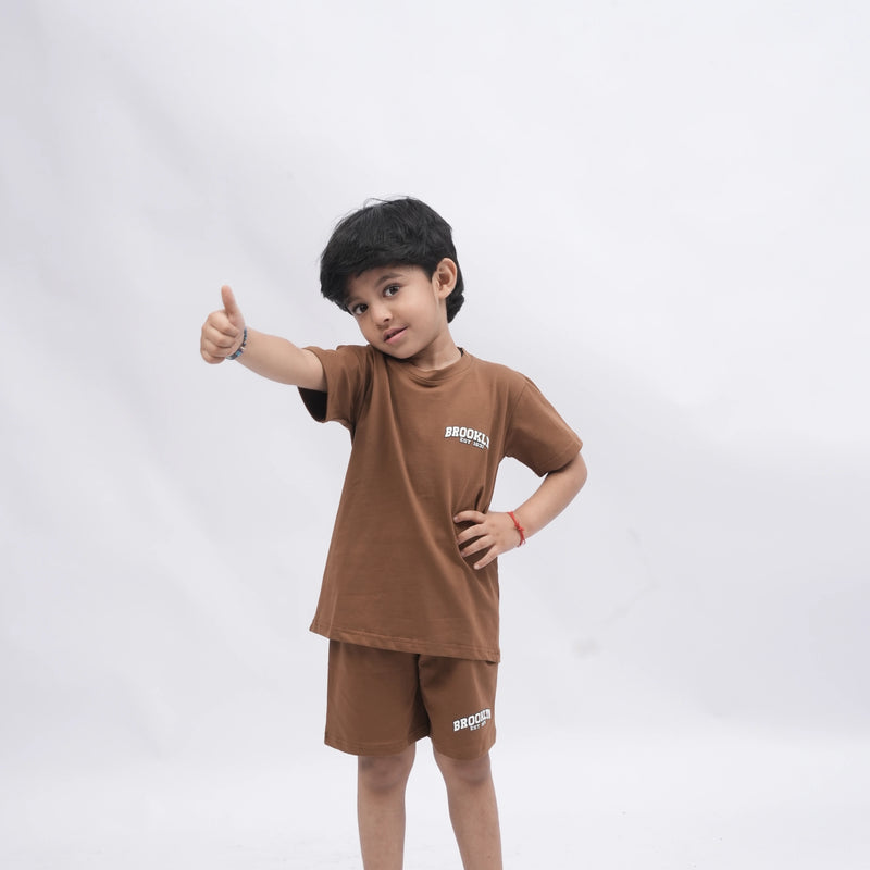 Brooklyn Boys’ Coord Set – Casual T-Shirt & Shorts (Black, Off White, Purple, Brown, Pink)
