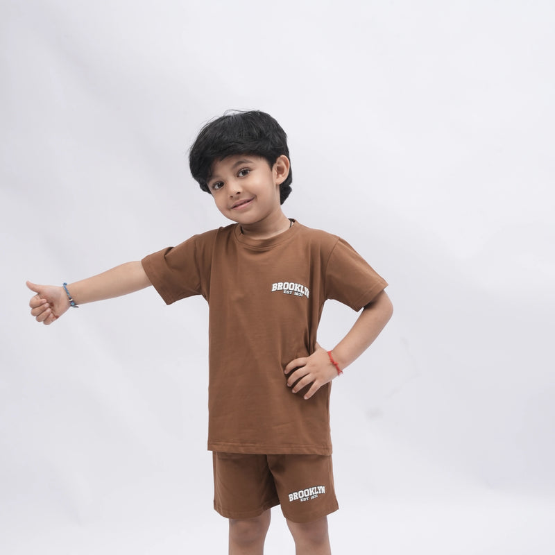 Brooklyn Boys’ Coord Set – Casual T-Shirt & Shorts (Black, Off White, Purple, Brown, Pink)