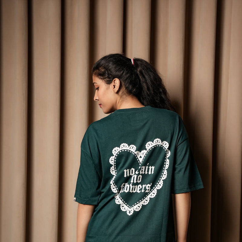 Women’s Oversized Graphic T-Shirt – “No Rain No Flowers” Back Print | Casual Streetwear Tee