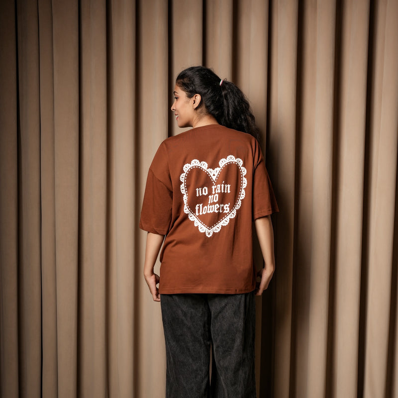 Women’s Oversized Graphic T-Shirt – “No Rain No Flowers” Back Print | Casual Streetwear Tee