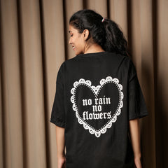 Women’s Oversized Graphic T-Shirt – “No Rain No Flowers” Back Print | Casual Streetwear Tee