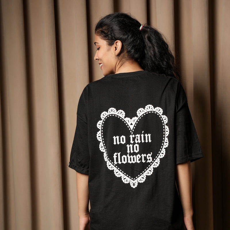 Women’s Oversized Graphic T-Shirt – “No Rain No Flowers” Back Print | Casual Streetwear Tee