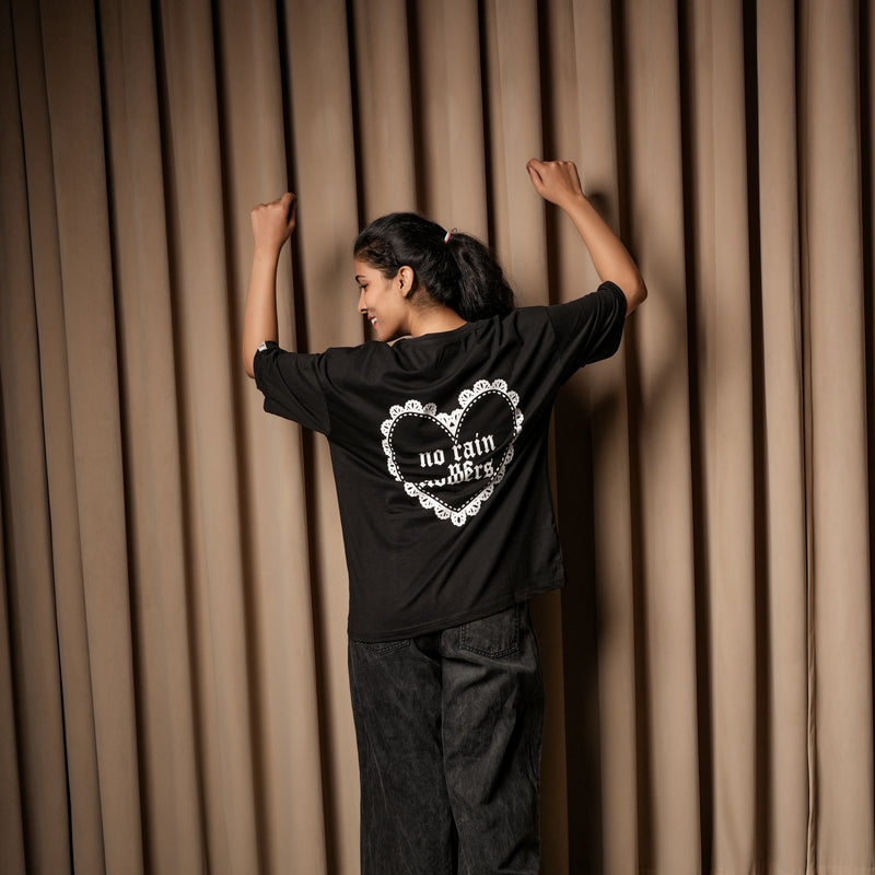 Women’s Oversized Graphic T-Shirt – “No Rain No Flowers” Back Print | Casual Streetwear Tee