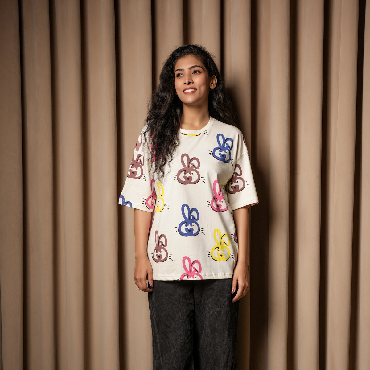 Women's Cream Oversized T-Shirt – Multicolor Bunny Print - image 5