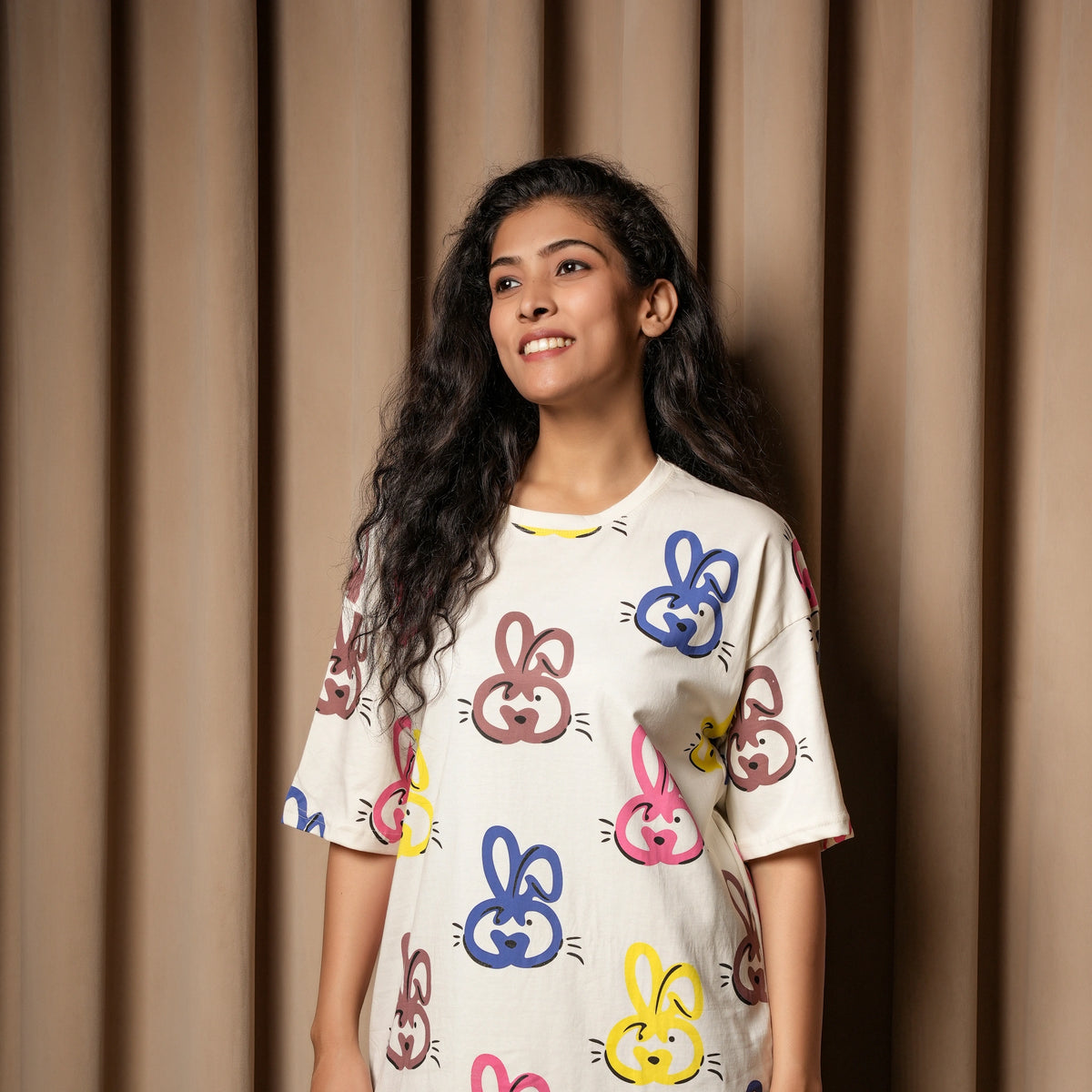 Women's Cream Oversized T-Shirt – Multicolor Bunny Print - image 1