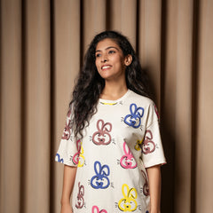 Women's Cream Oversized T-Shirt – Multicolor Bunny Print