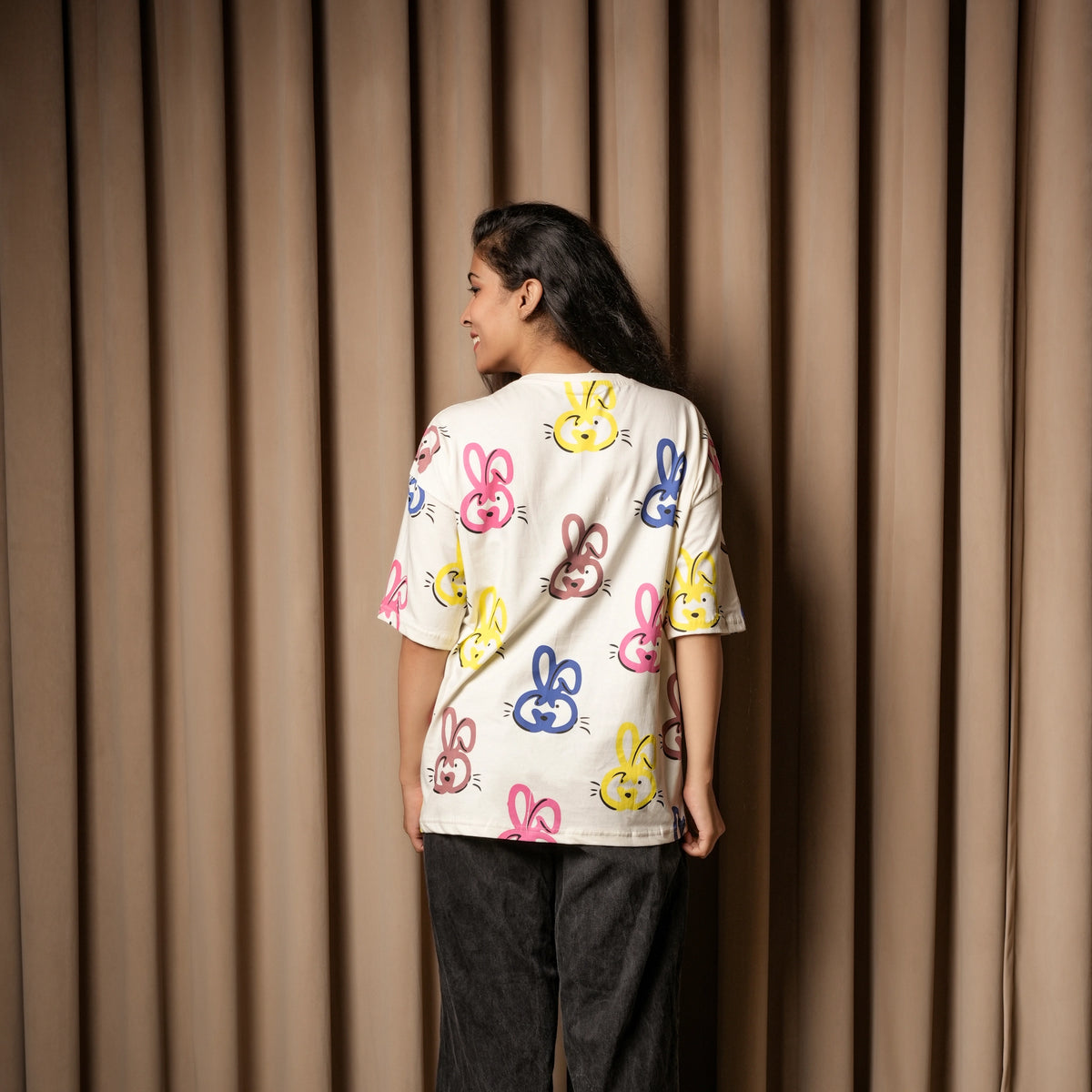 Women's Cream Oversized T-Shirt – Multicolor Bunny Print - image 3