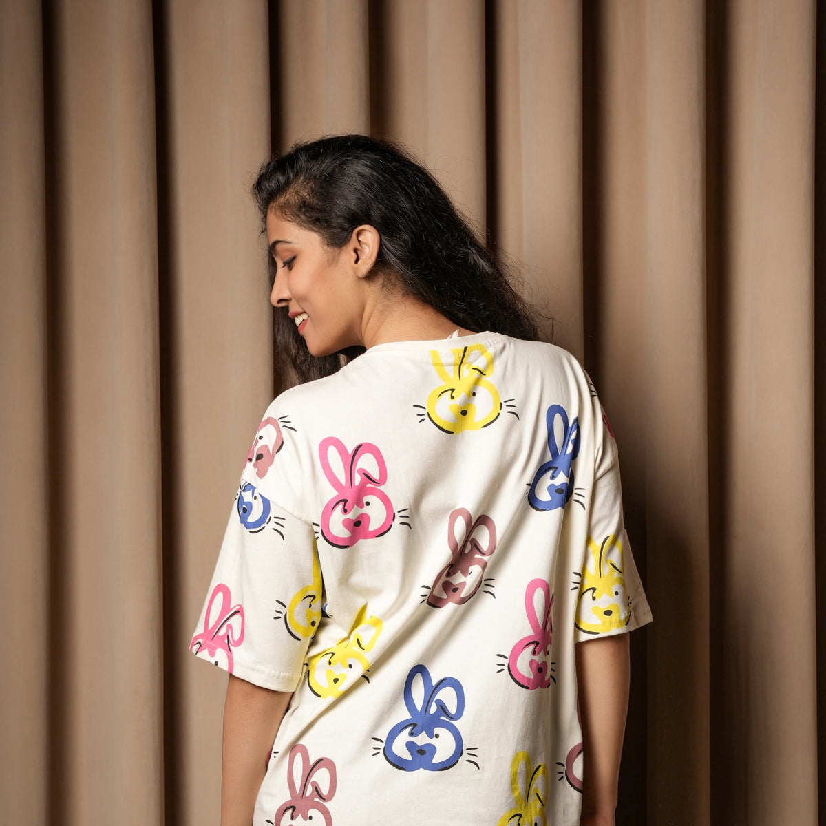 Women's Cream Oversized T-Shirt – Multicolor Bunny Print - image 2