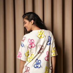 Women's Cream Oversized T-Shirt – Multicolor Bunny Print