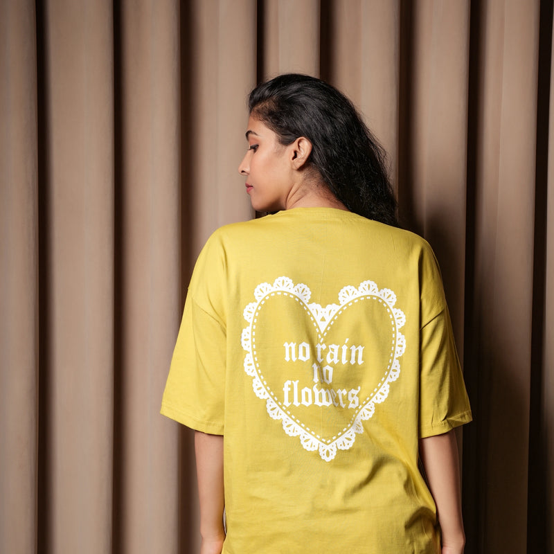 Women’s Oversized Graphic T-Shirt – “No Rain No Flowers” Back Print | Casual Streetwear Tee