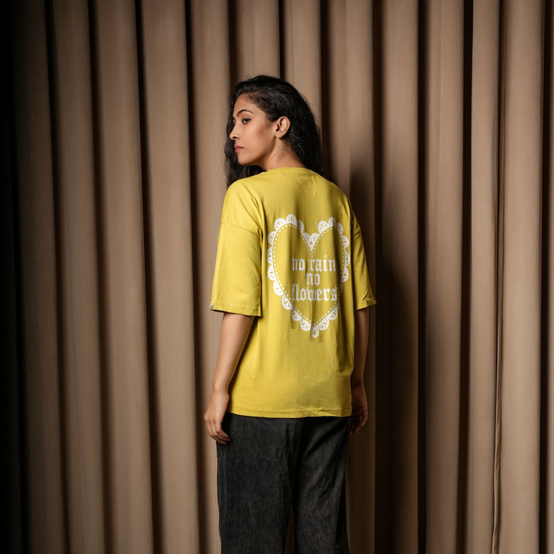 Women’s Oversized Graphic T-Shirt – “No Rain No Flowers” Back Print | Casual Streetwear Tee