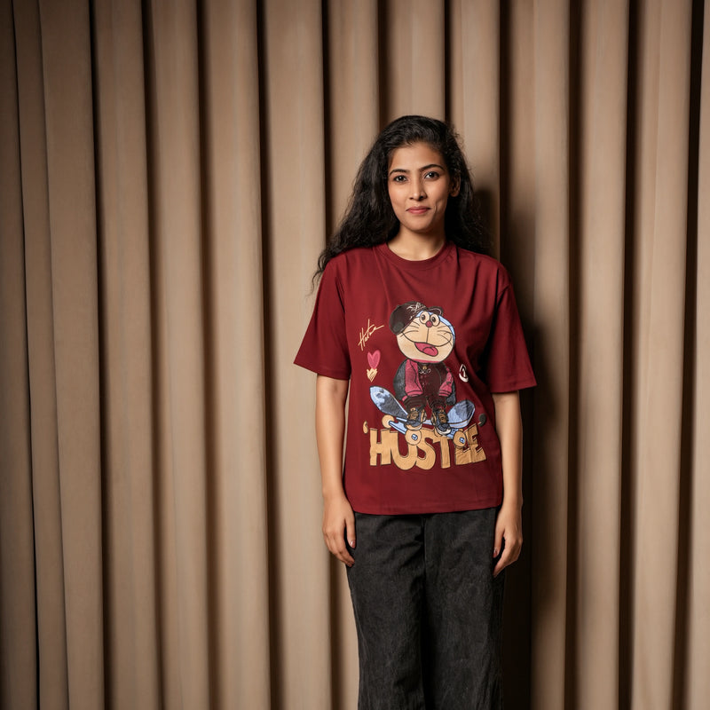 Women's Oversized Graphic T-Shirt – Hustle Cartoon Print