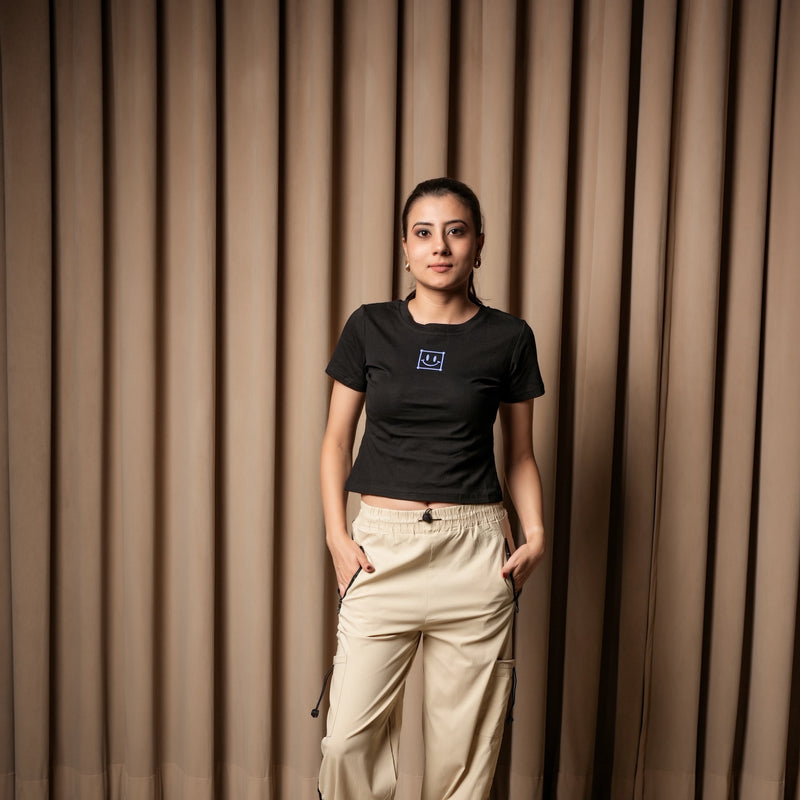 Women's Slim Fit Crop T-Shirt with Smiley Embroidery