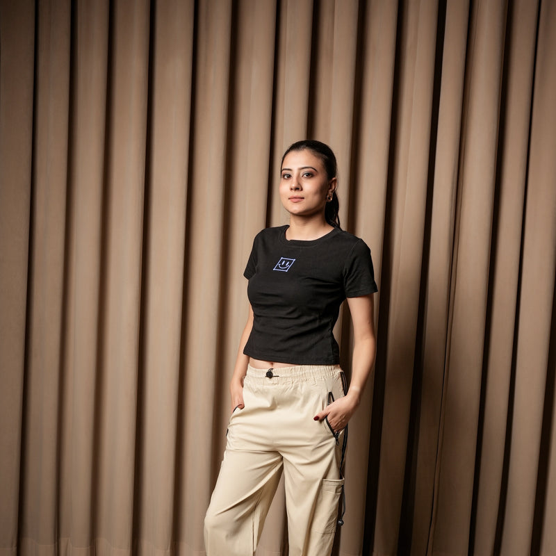 Women's Slim Fit Crop T-Shirt with Smiley Embroidery