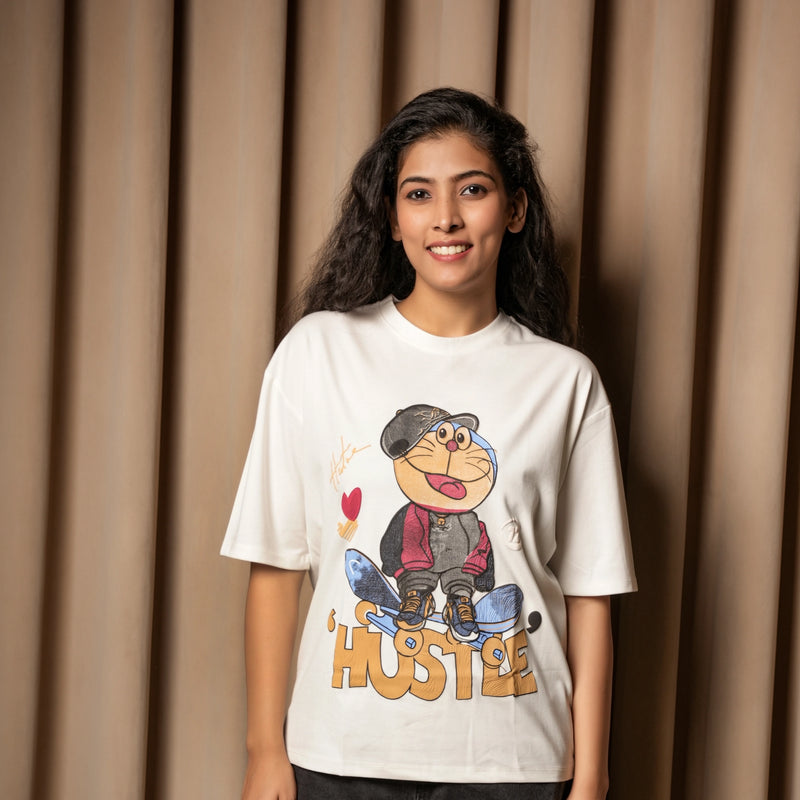 Women's Oversized Graphic T-Shirt – Hustle Cartoon Print