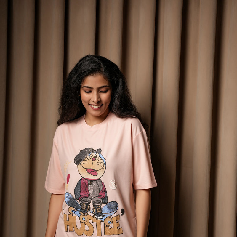 Women's Oversized Graphic T-Shirt – Hustle Cartoon Print