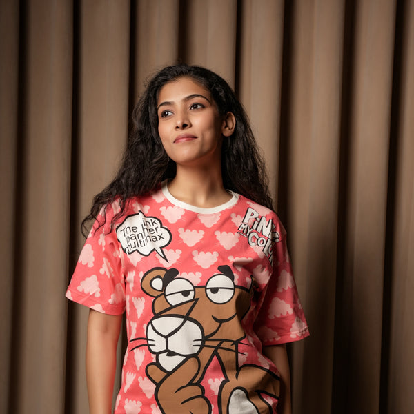 Women’s Oversized Pink Panther Graphic T-Shirt – Cartoon Print Casual Streetwear Tee
