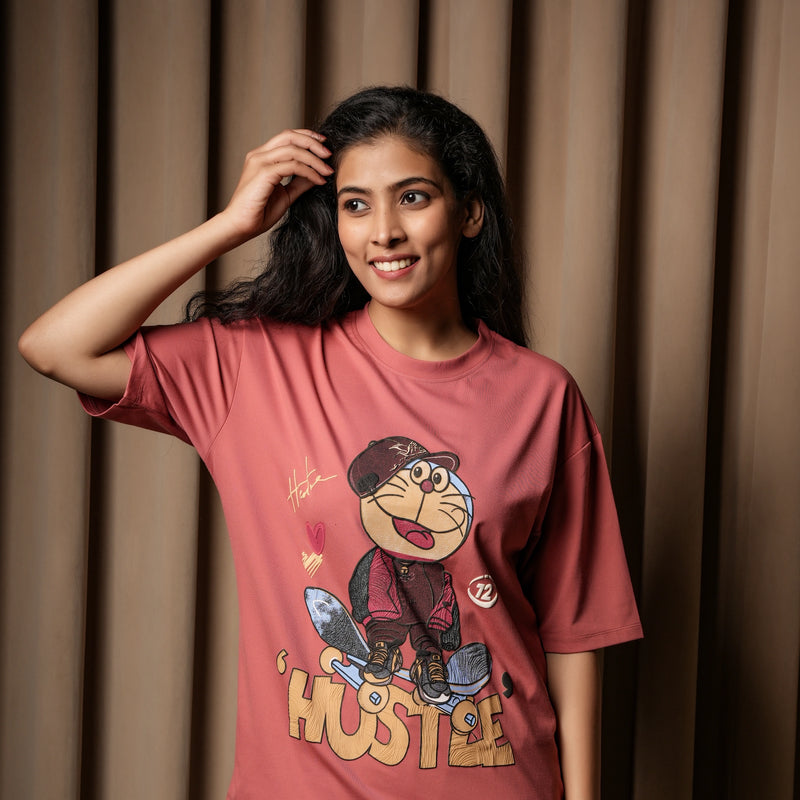 Women's Oversized Graphic T-Shirt – Hustle Cartoon Print