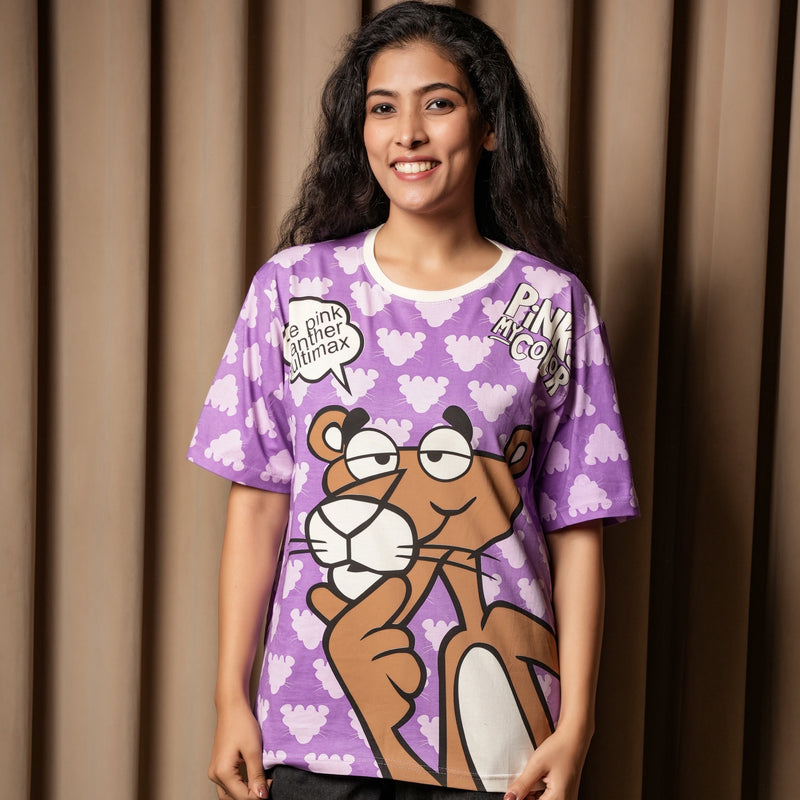 Women’s Oversized Pink Panther Graphic T-Shirt – Cartoon Print Casual Streetwear Tee