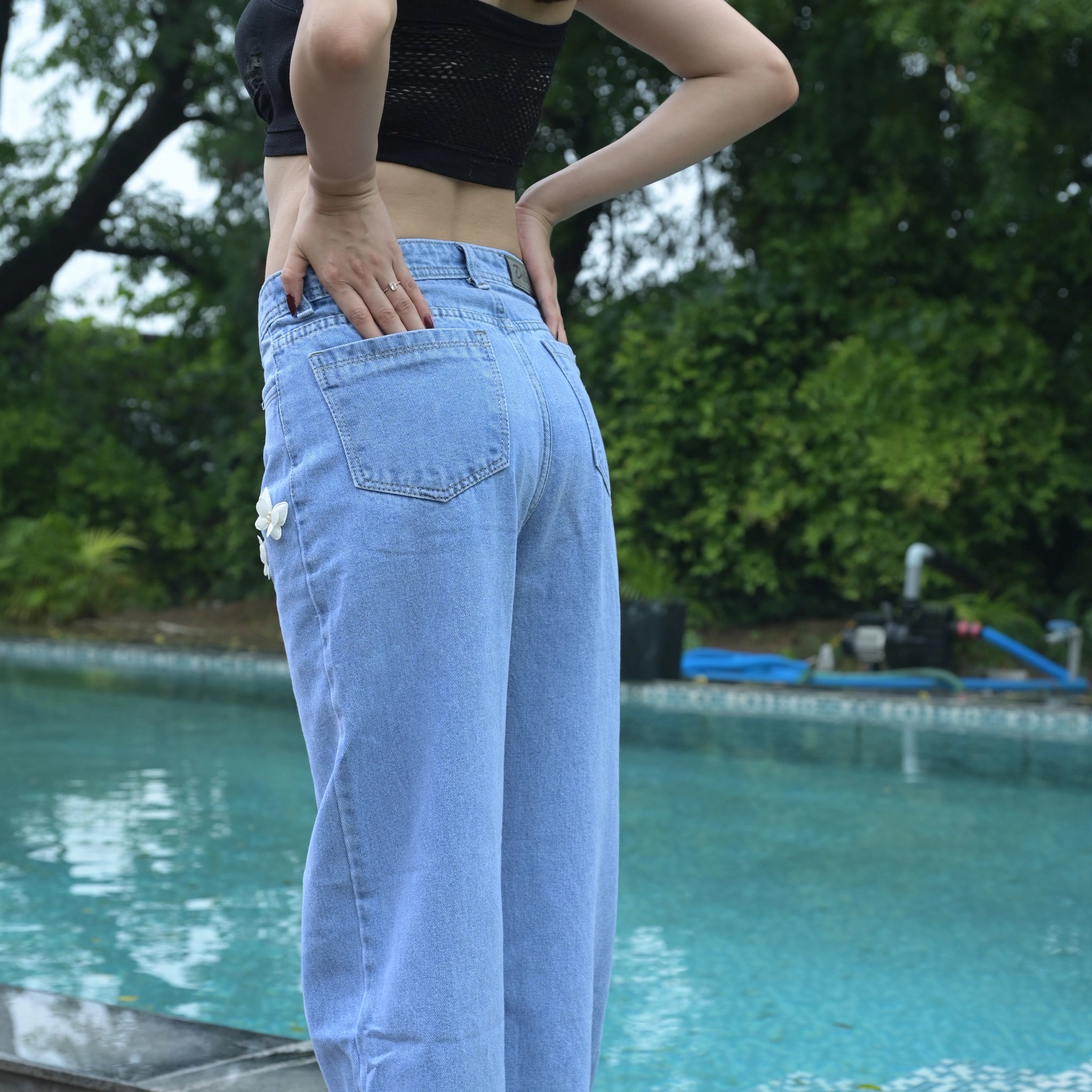 Women’s Light Blue Floral Embroidered Jeans – Trendy Straight Fit Denim
