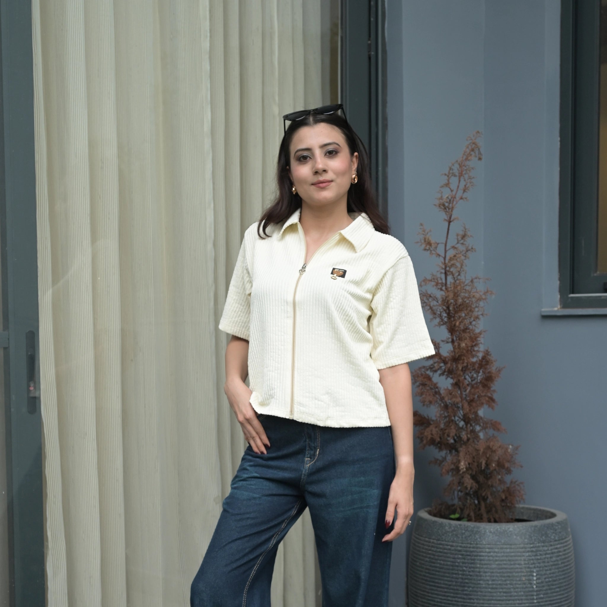 Women's Ribbed Zip-Up Polo T-Shirt