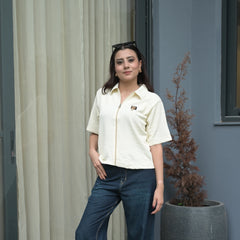 Women's Ribbed Zip-Up Polo T-Shirt