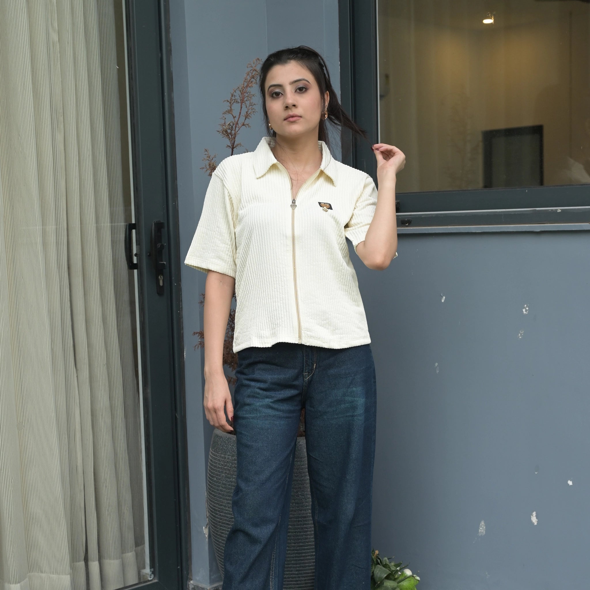 Women's Ribbed Zip-Up Polo T-Shirt