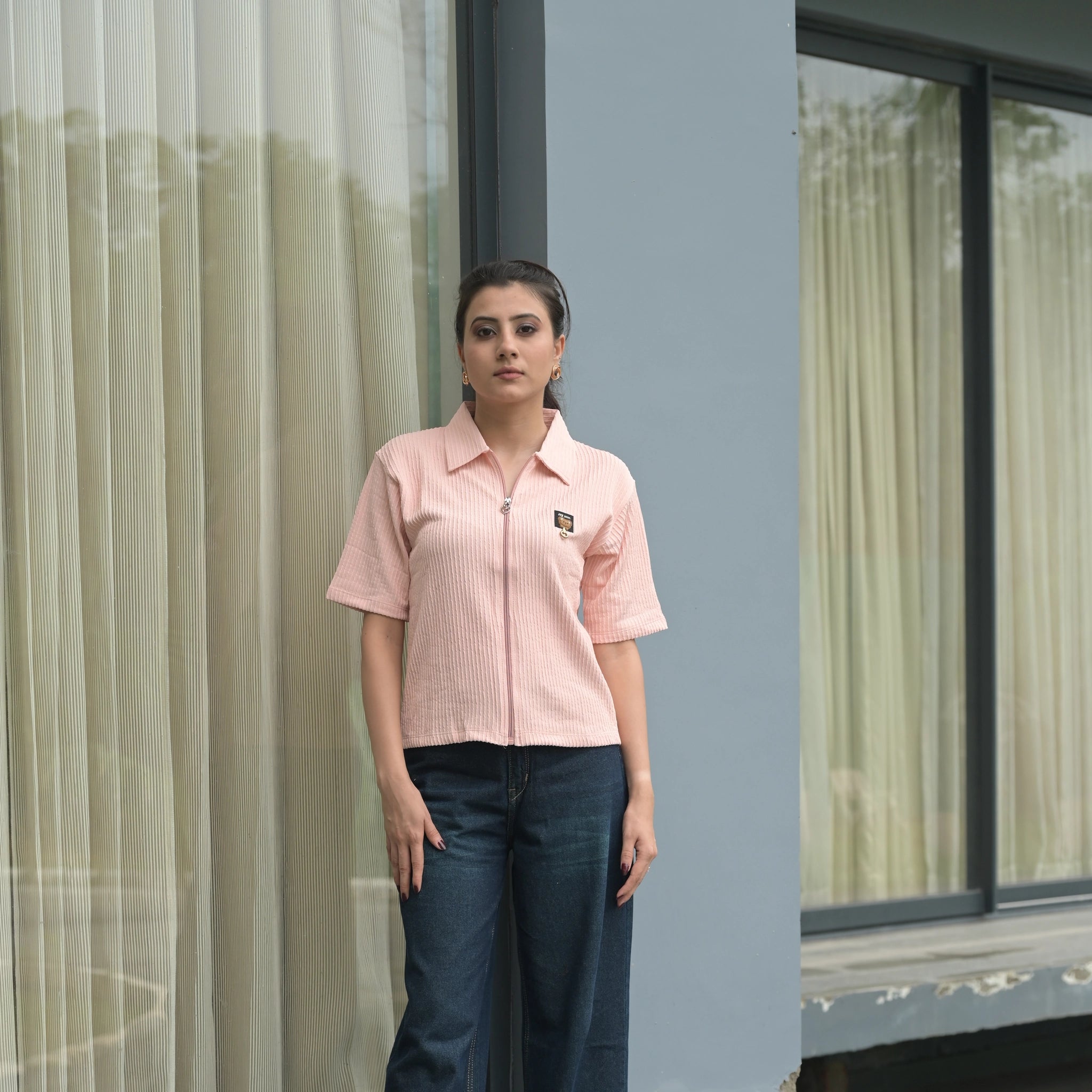 Women's Ribbed Zip-Up Polo T-Shirt