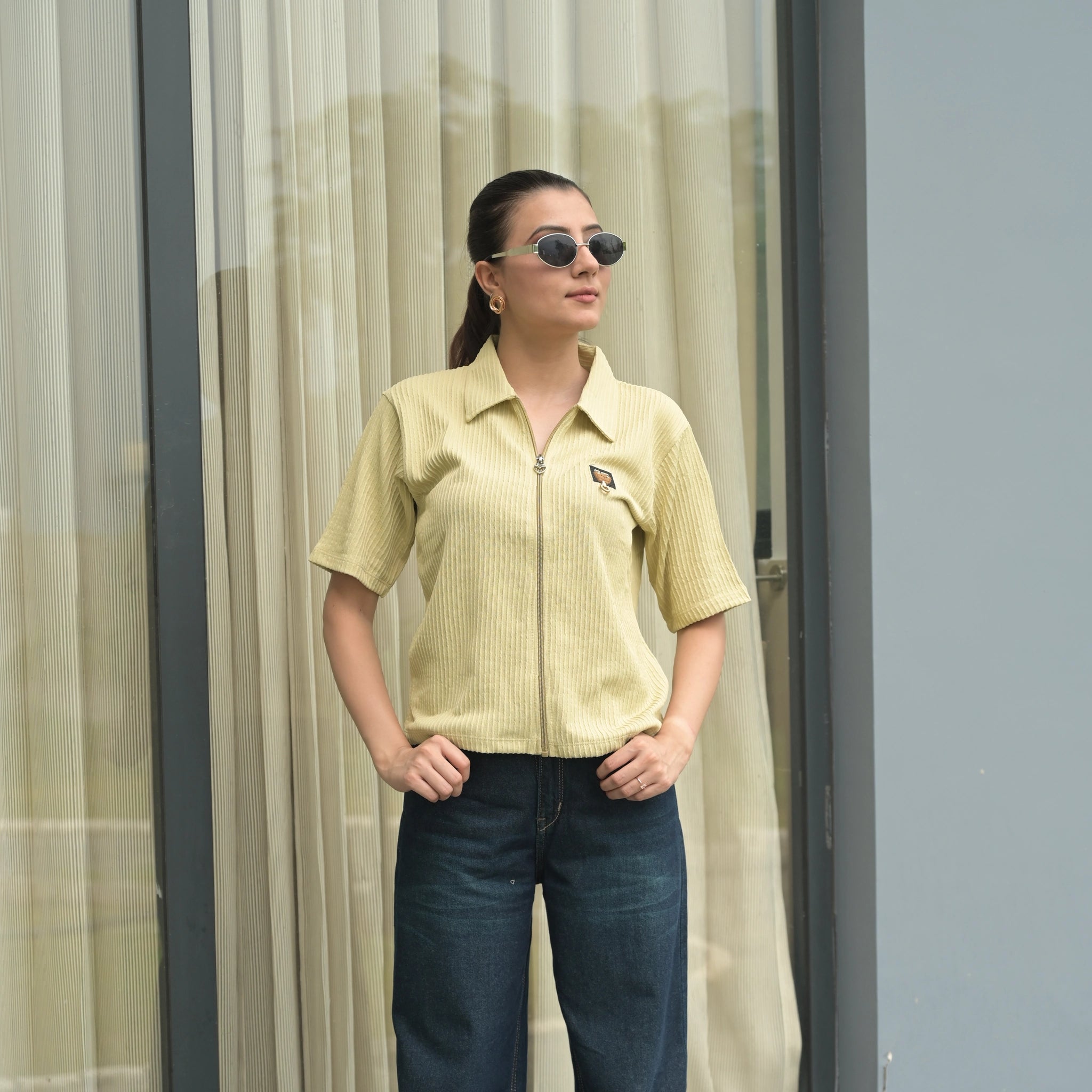 Women's Ribbed Zip-Up Polo T-Shirt
