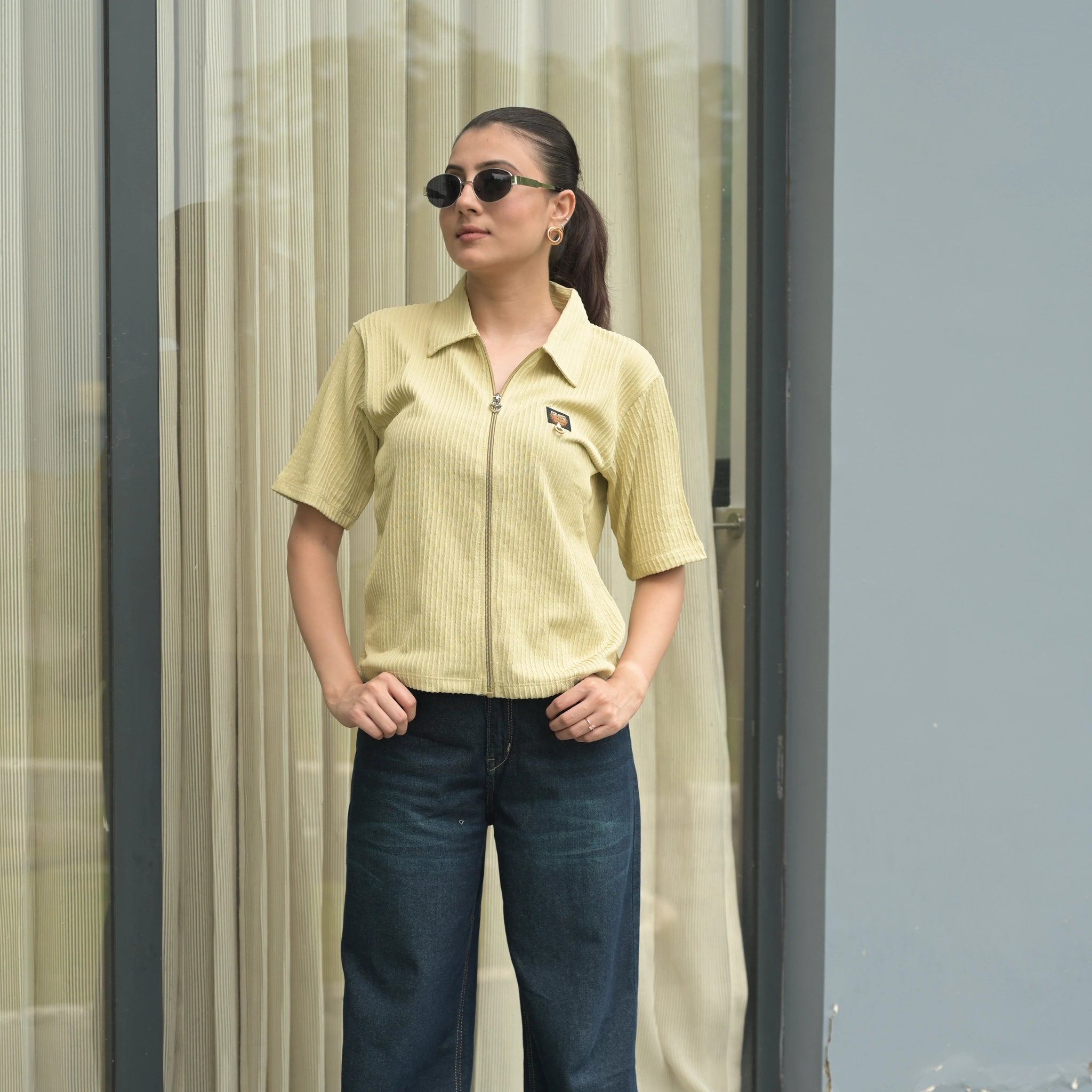 Women's Ribbed Zip-Up Polo T-Shirt