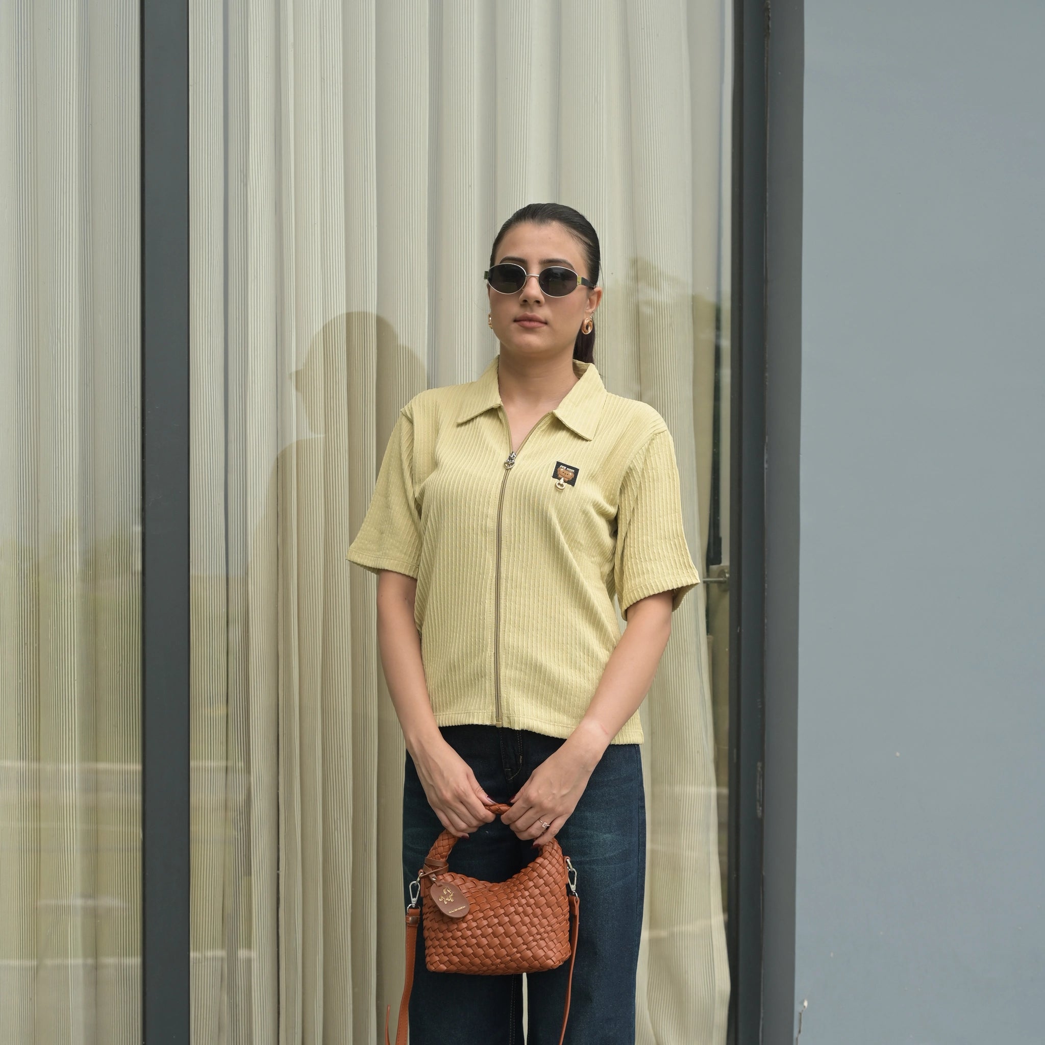 Women's Ribbed Zip-Up Polo T-Shirt