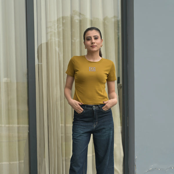 Women's Slim Fit Crop T-Shirt with Smiley Embroidery