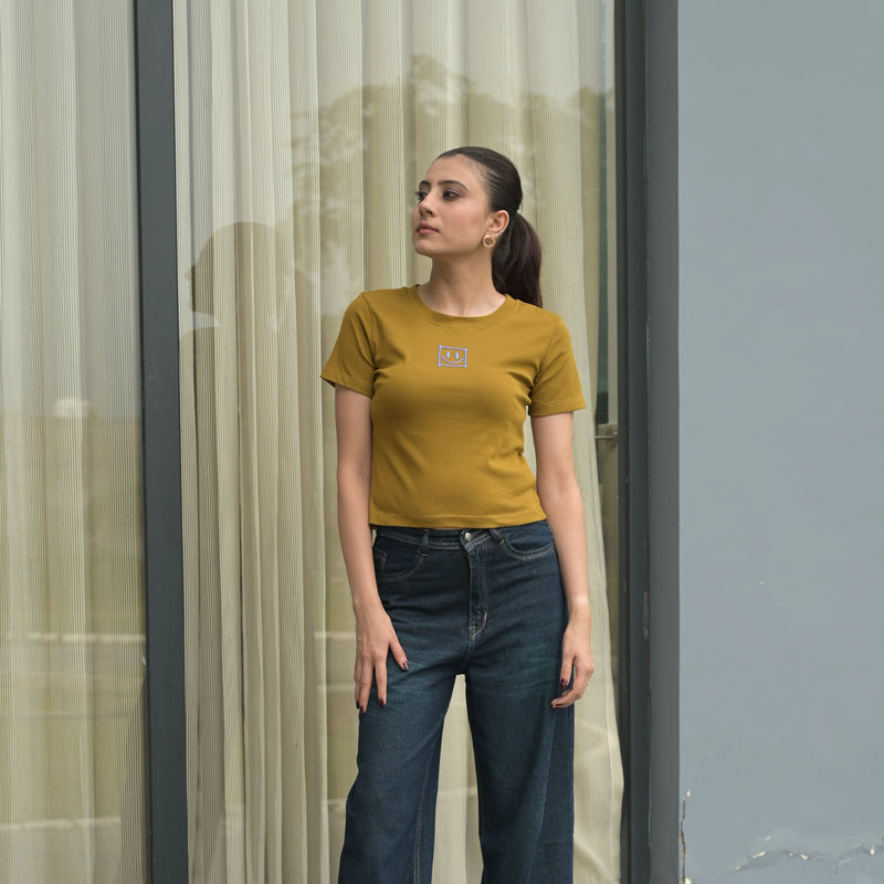 Women's Slim Fit Crop T-Shirt with Smiley Embroidery