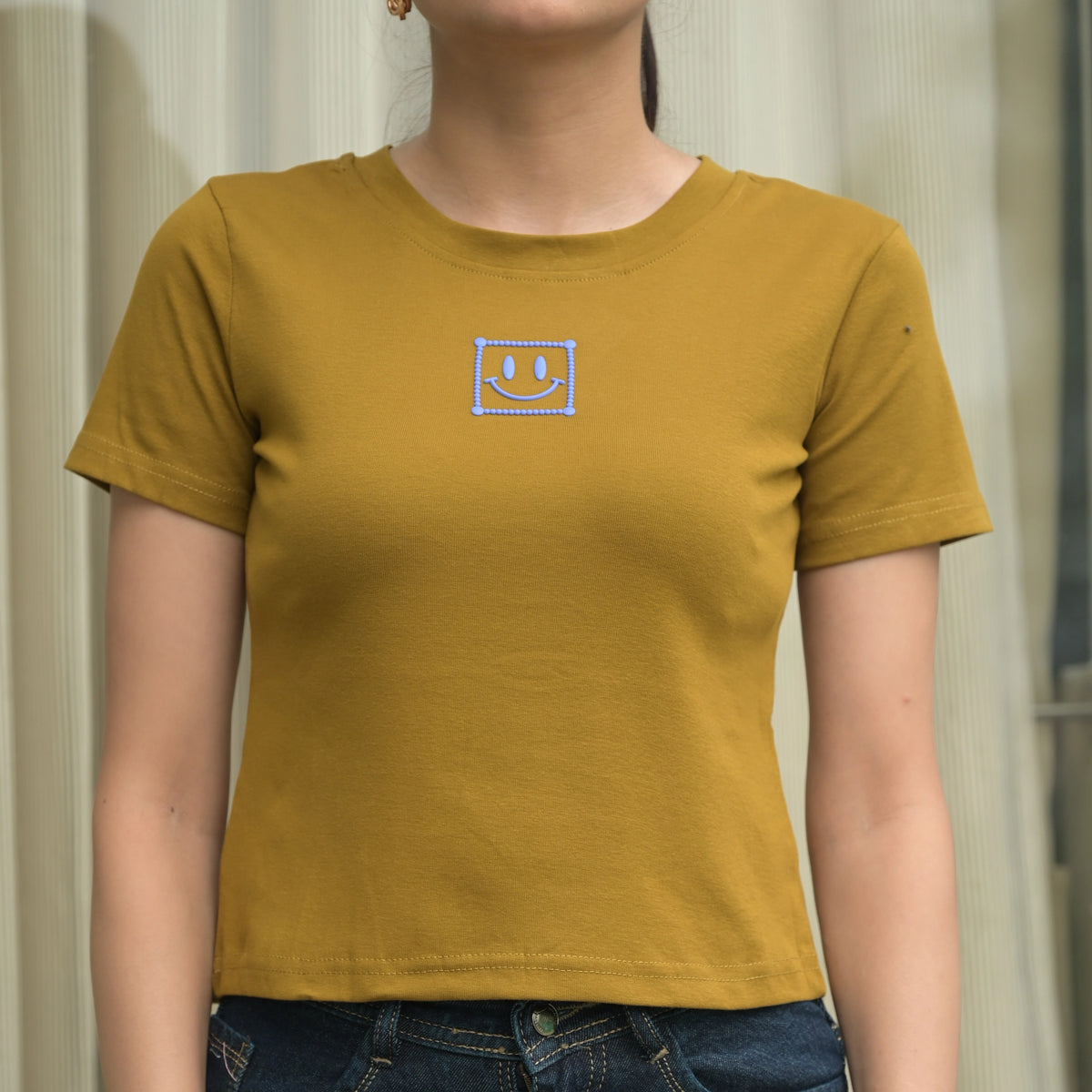 Women's Slim Fit Crop T-Shirt with Smiley Embroidery - image 5