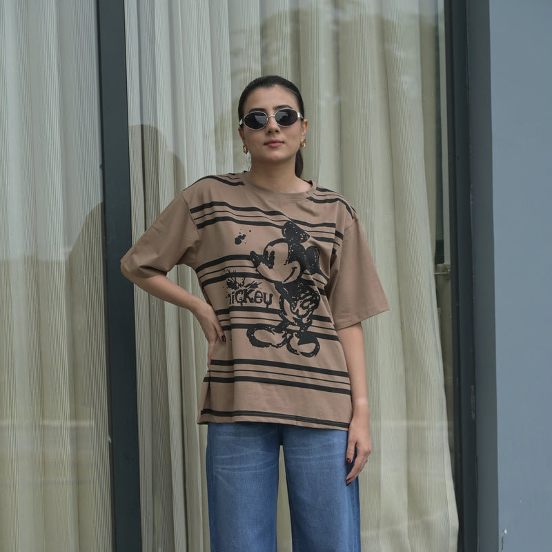 Women's Oversized T-Shirt – Striped Mickey Graphic
