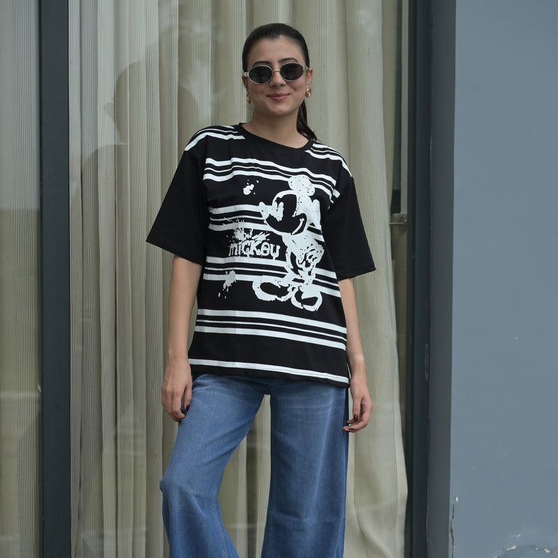 Women's Oversized T-Shirt – Striped Mickey Graphic