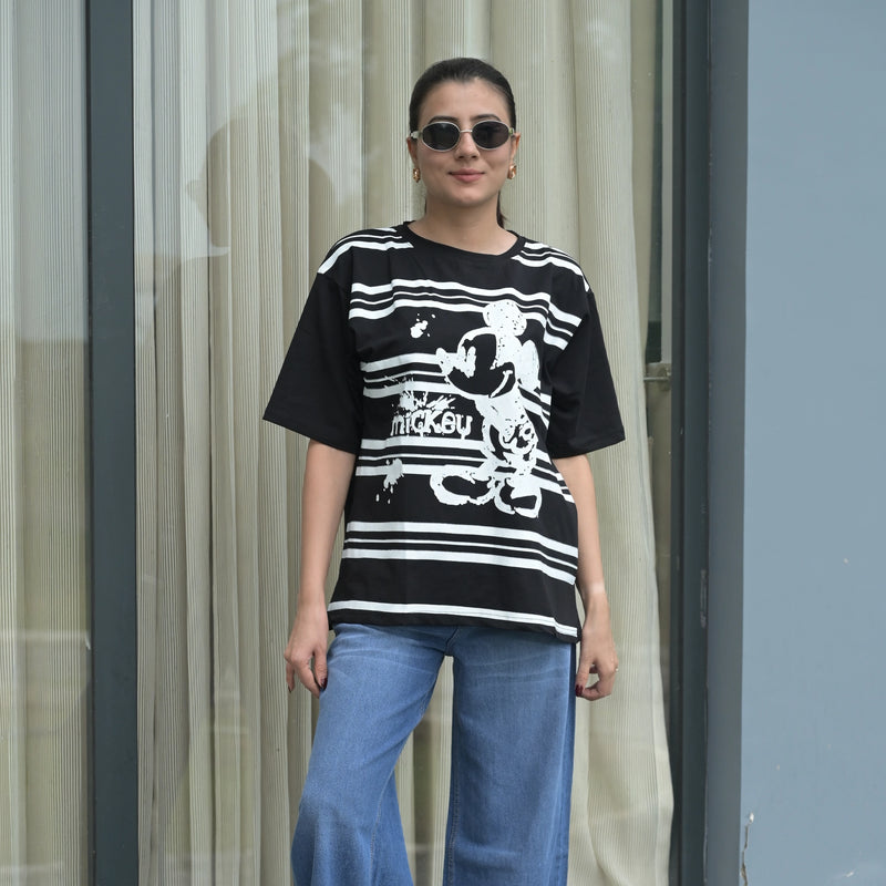 Women's Oversized T-Shirt – Striped Mickey Graphic
