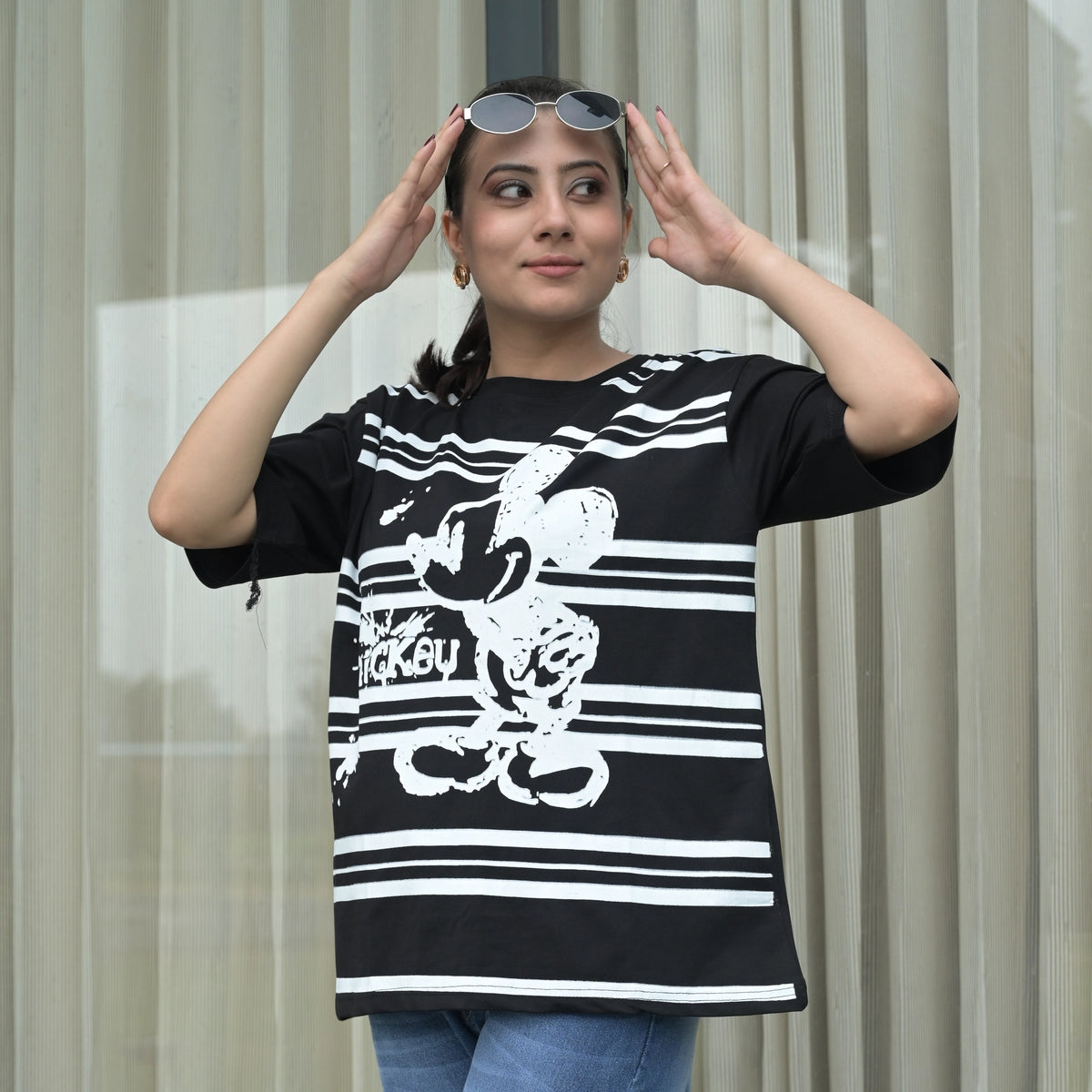 Women's Oversized T-Shirt – Striped Mickey Graphic - image 1