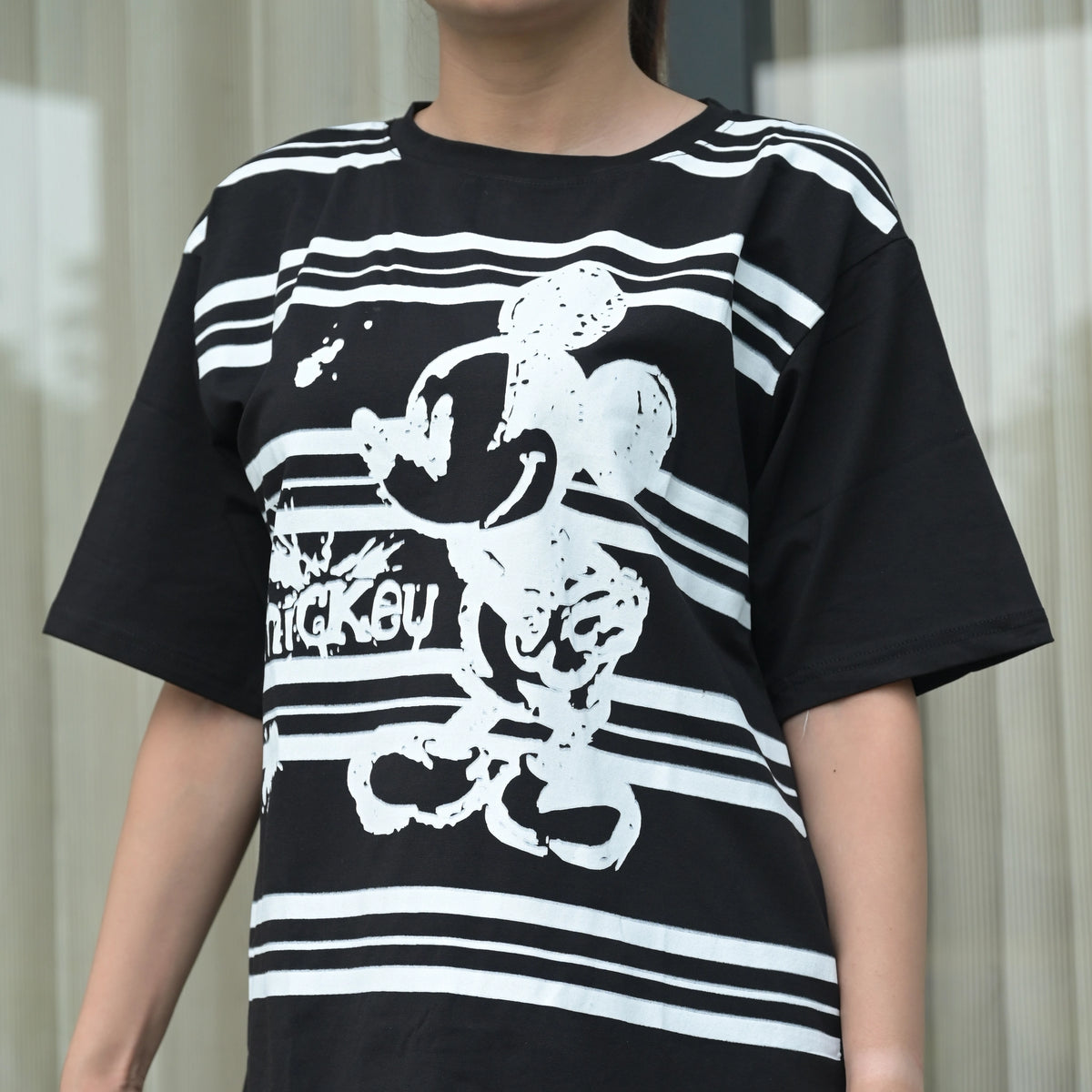 Women's Oversized T-Shirt – Striped Mickey Graphic - image 2