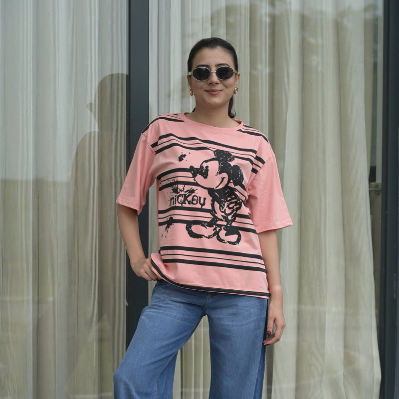Women's Oversized T-Shirt – Striped Mickey Graphic