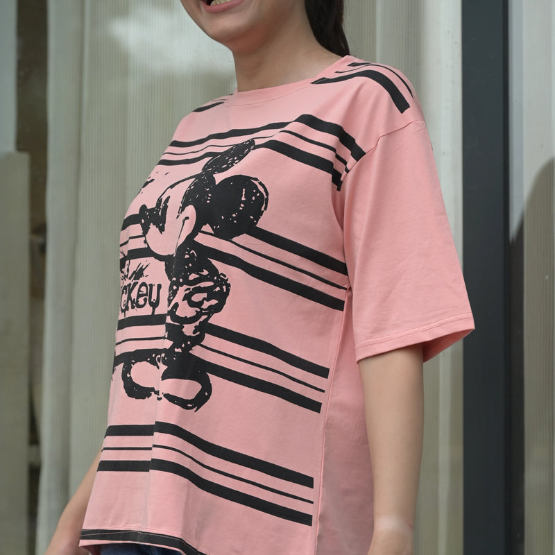 Women's Oversized T-Shirt – Striped Mickey Graphic