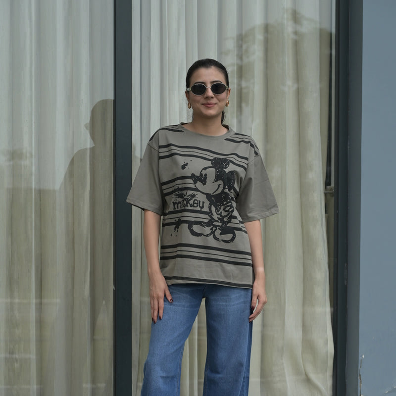 Women's Oversized T-Shirt – Striped Mickey Graphic